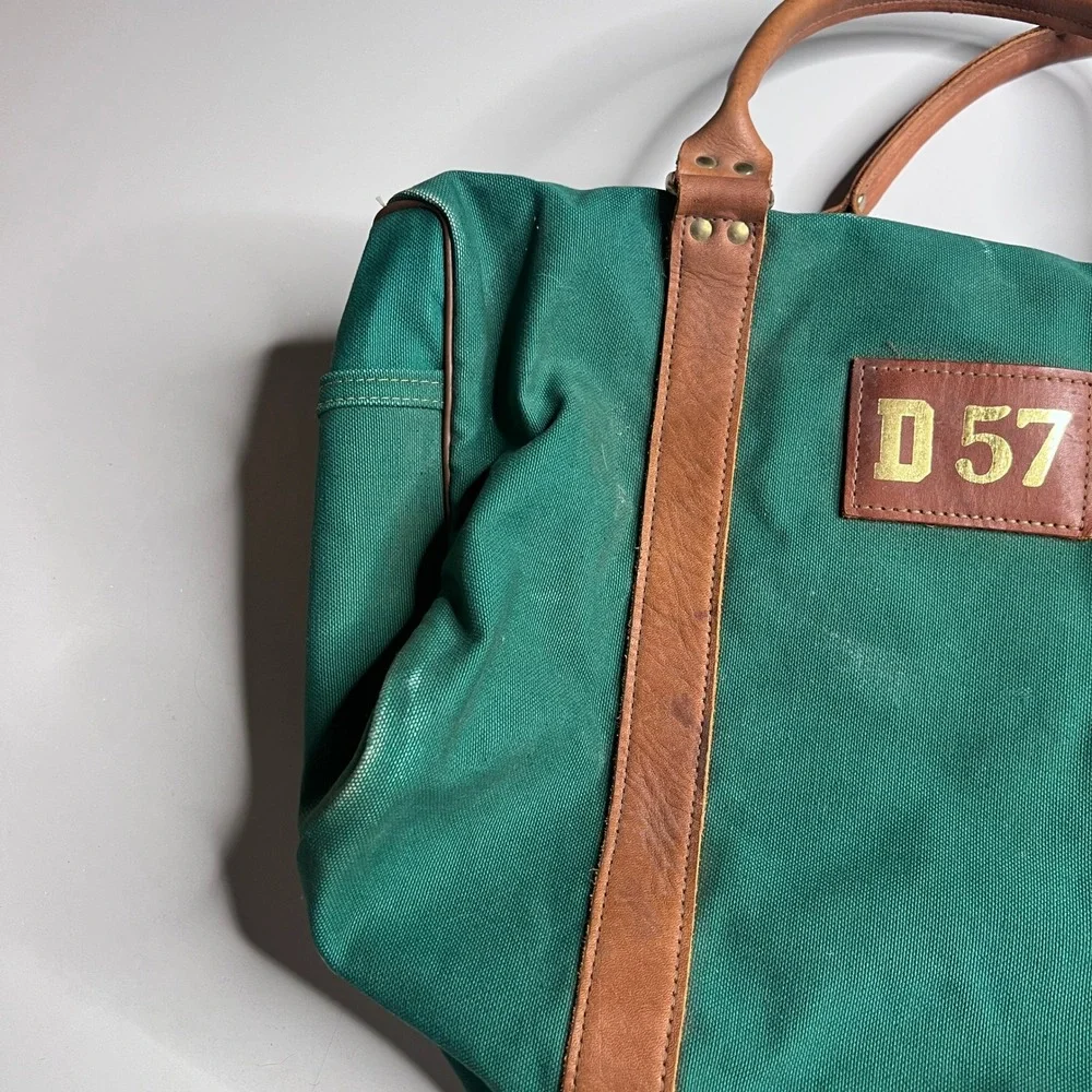 Vintage Crafted With Pride Green Canvas Leather Duffel Bag USA Made Weekender